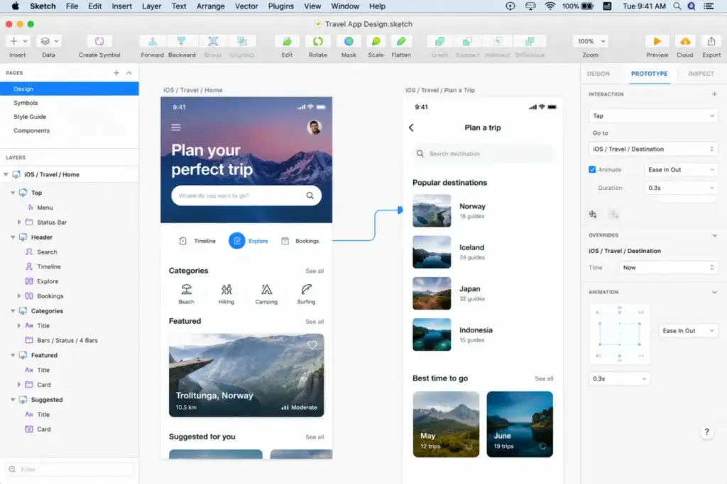Sketch Mac app showing a native vector design workspace with mobile app artboards and the Prototyping panel open