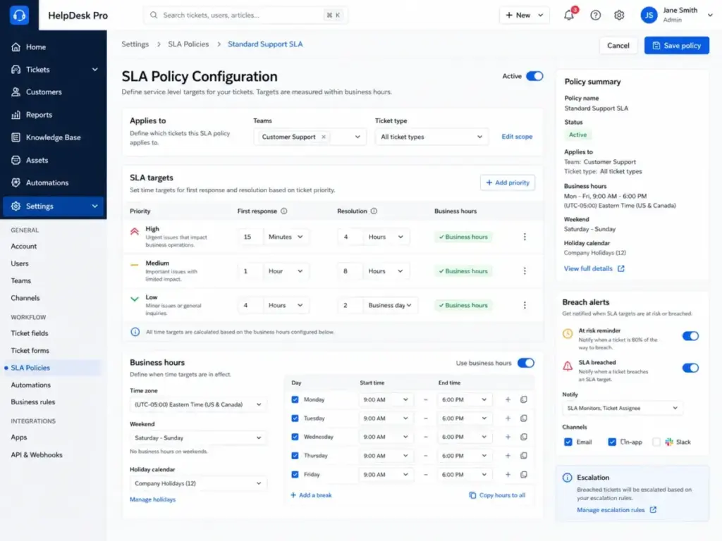 SLA policy configuration screen showing first response targets, resolution targets, business hours, and breach alerts.