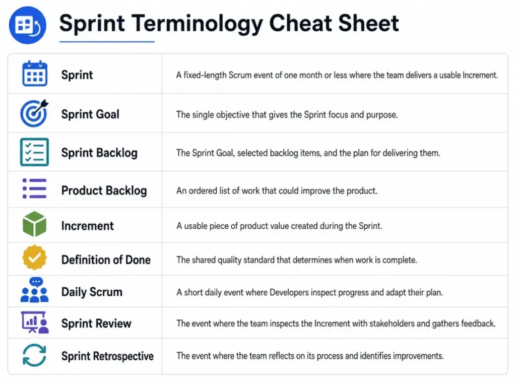Sprint terminology cheat sheet showing Scrum terms including Sprint, Sprint Goal, Sprint Backlog, Product Backlog, Increment, Definition of Done, Daily Scrum, Sprint Review, and Sprint Retrospective with one-line definitions.