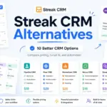 Streak CRM Alternatives featured image showing CRM comparison cards, inbox workflow, sales pipeline, and pricing options