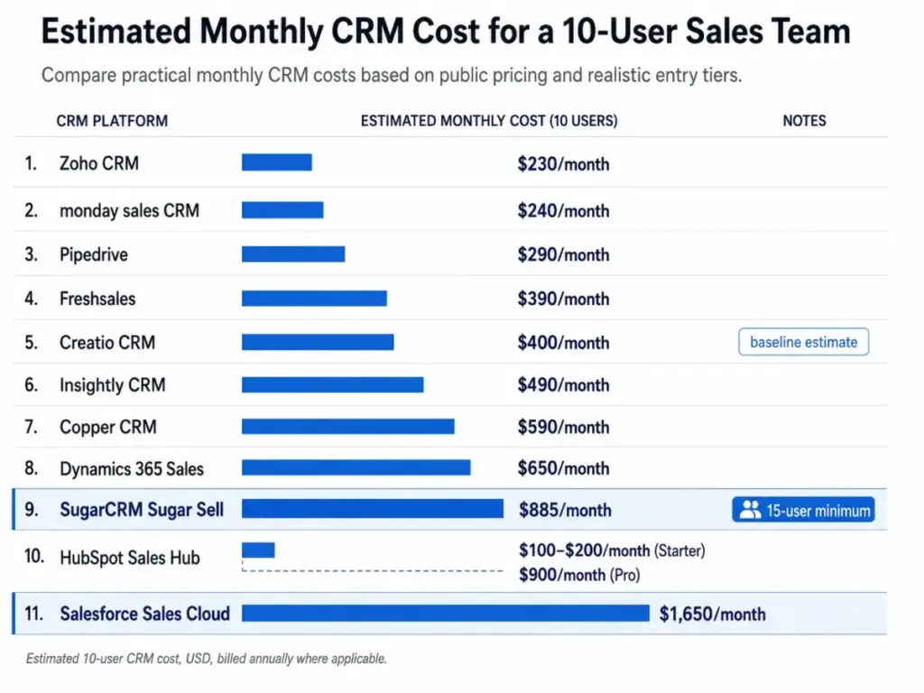 10-user pricing comparison chart for SugarCRM alternatives showing monthly CRM costs across HubSpot, Zoho, Pipedrive, Freshsales, Salesforce, Dynamics, Insightly, Copper, monday CRM, and Creatio.