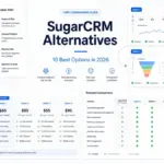 SugarCRM alternatives 2026 comparison showing CRM pricing cards, migration arrows, and software selection interface.