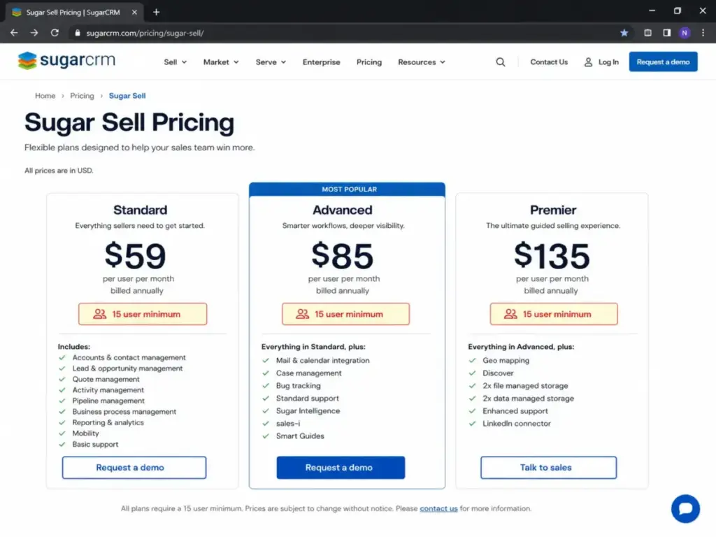 SugarCRM Sugar Sell pricing page showing Standard, Advanced, and Premier plans with 15 user minimum highlighted.