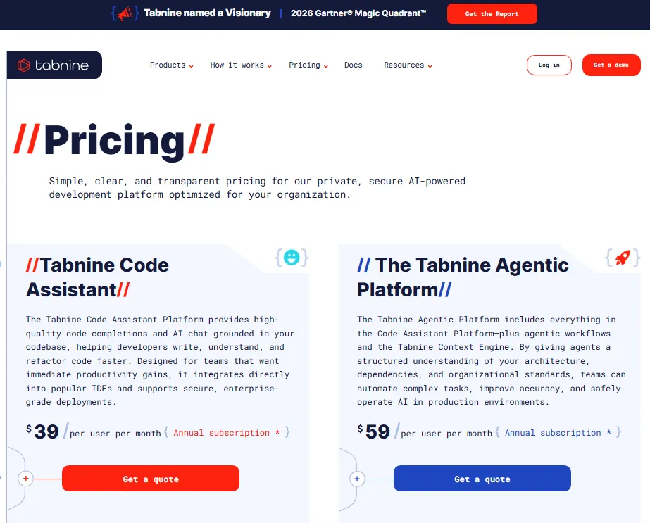 Tabnine pricing page showing Code Assistant and Agentic Platform plans