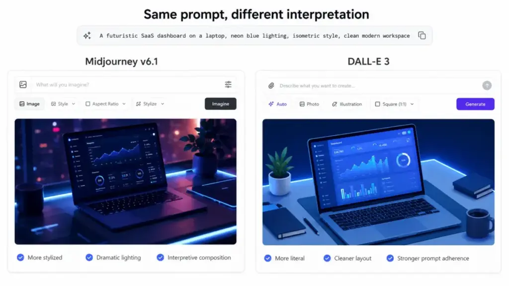Side-by-side screenshot-style comparison showing the same text-to-image AI prompt interpreted by Midjourney v6.1 and DALL-E 3.