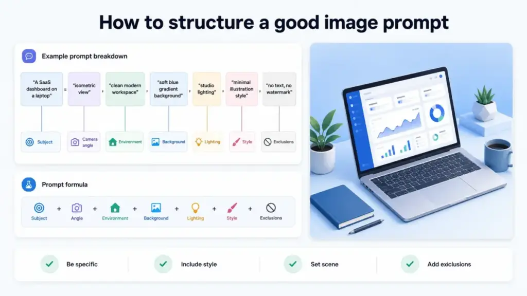 Example prompt structure for text-to-image AI with labeled components and a generated SaaS dashboard image preview.
