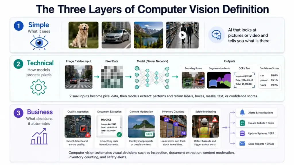 Three-layer computer vision definition diagram showing simple, technical, and business views of how visual AI sees, processes pixels, and automates decisions.