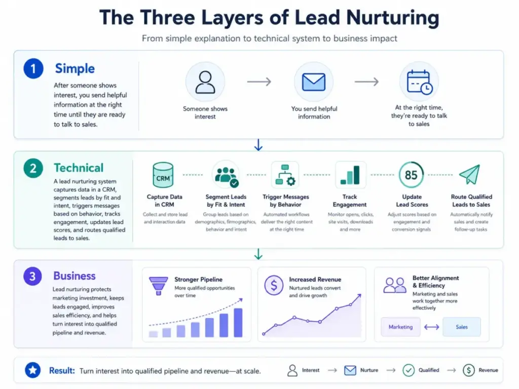 Diagram showing the three layers of lead nurturing: simple explanation, technical workflow, and business impact.