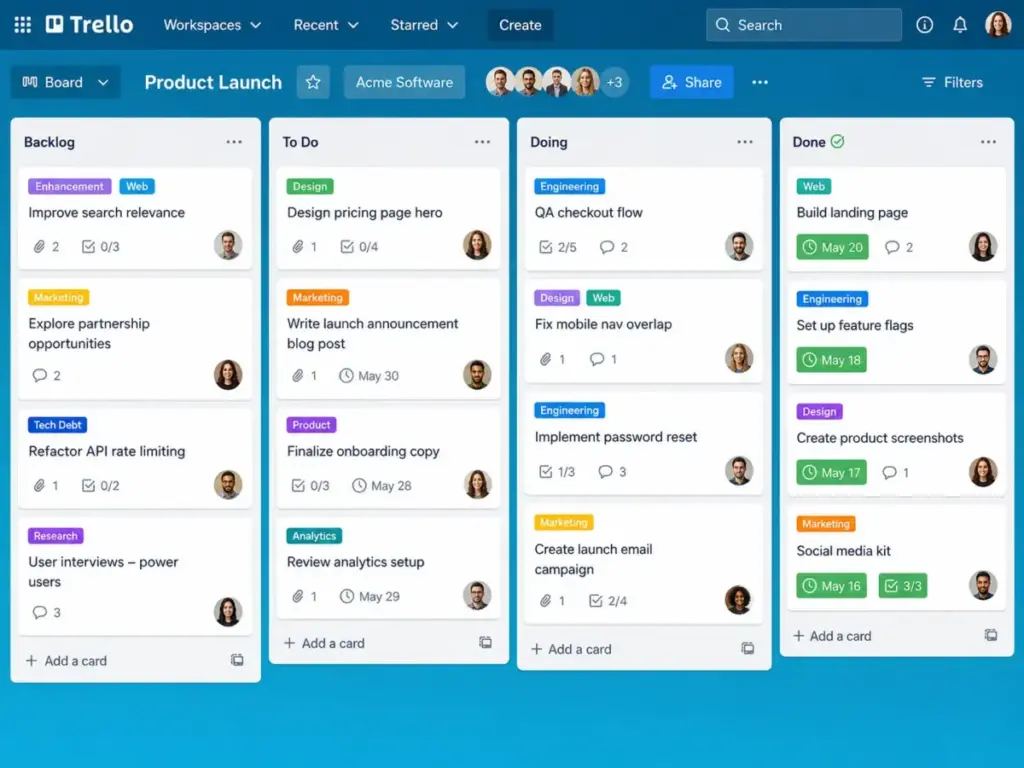 Trello Kanban board showing Backlog, To Do, Doing, and Done lists with task cards, labels, due dates, checklists, comments, and team avatars.
