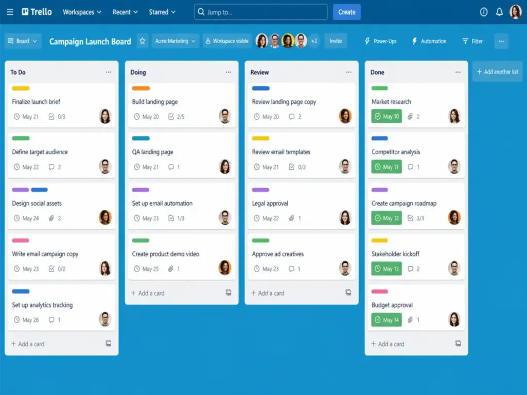 Trello Kanban board showing campaign launch tasks across To Do, Doing, Review, and Done columns.
