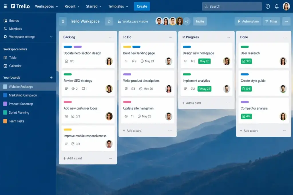 Trello Kanban board showing website redesign tasks organized into Backlog, To Do, In Progress, and Done columns.