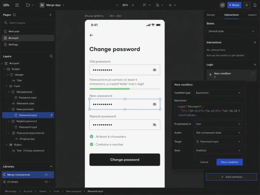 UXPin Merge editor showing a React component on the design canvas with conditional logic settings open in the Interactions panel