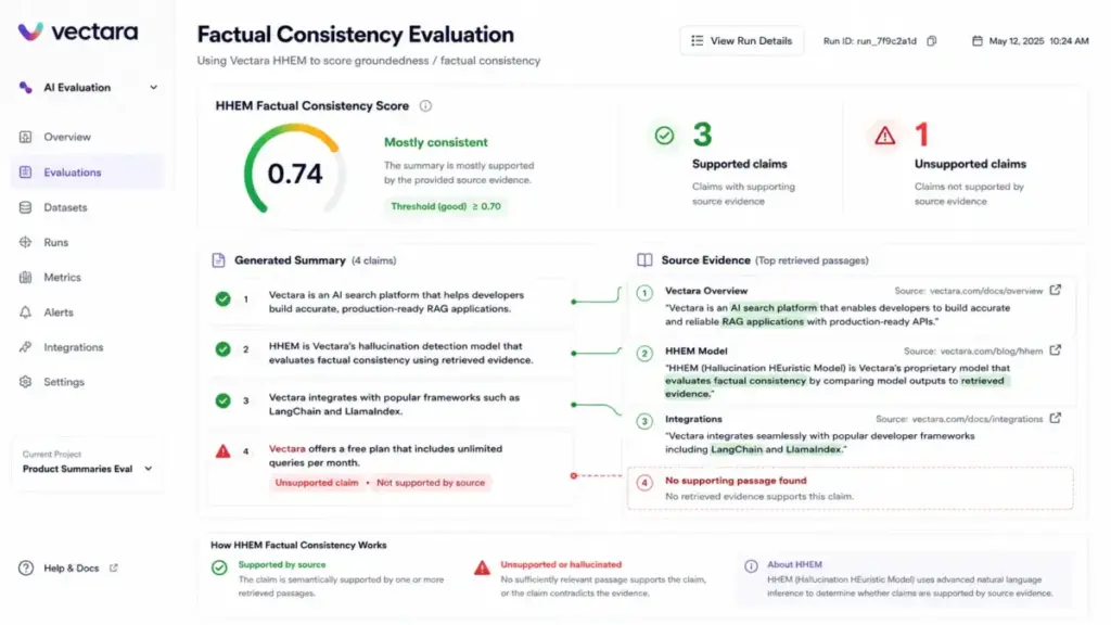 Vectara HHEM factual consistency score dashboard showing supported and unsupported AI-generated claims.