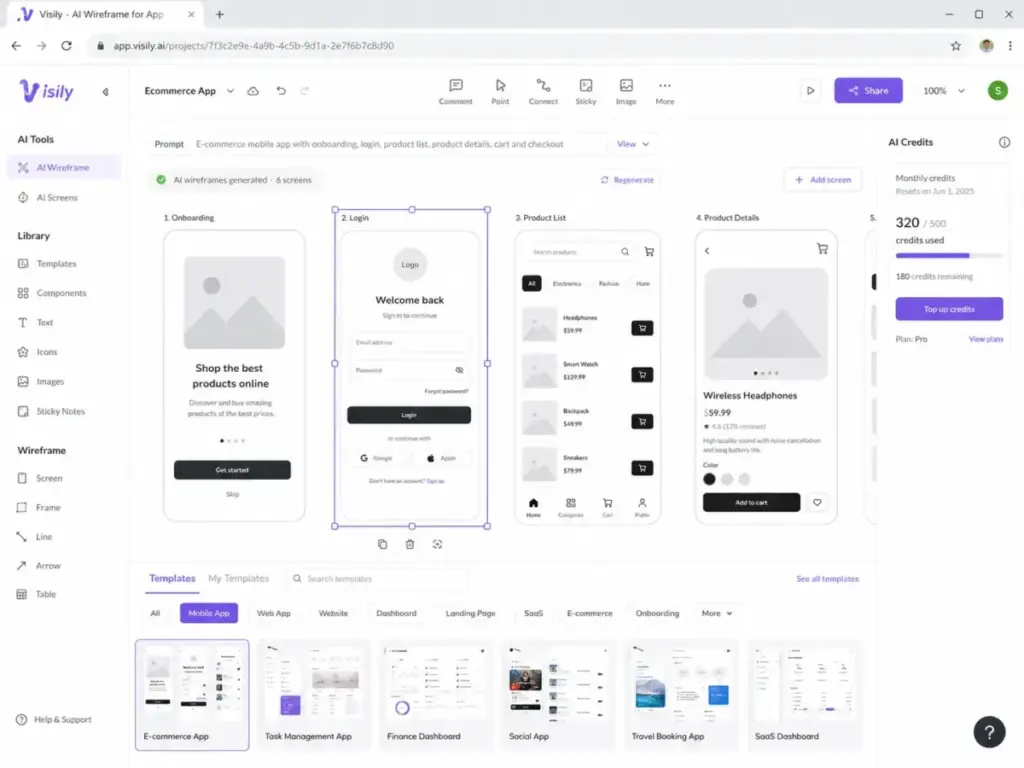 Visily AI Wireframe interface showing generated mobile app screens, template library, and AI credits panel