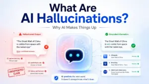 Featured image for an article about AI hallucinations, showing hallucinated output versus grounded information.