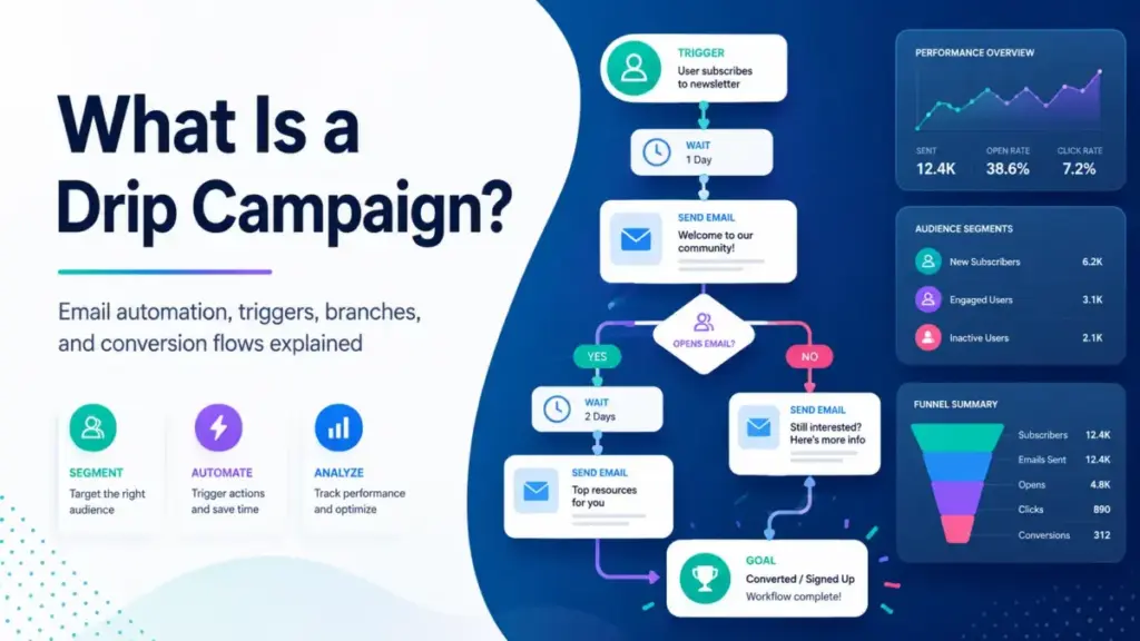 Featured image explaining what a drip campaign is, with email automation triggers, wait steps, conditional branches, conversion goals, and performance analytics.