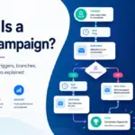 Featured image explaining what a drip campaign is, with email automation triggers, wait steps, conditional branches, conversion goals, and performance analytics.