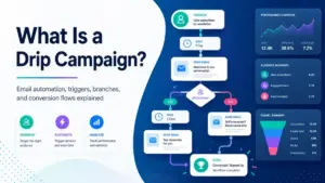 Featured image explaining what a drip campaign is, with email automation triggers, wait steps, conditional branches, conversion goals, and performance analytics.