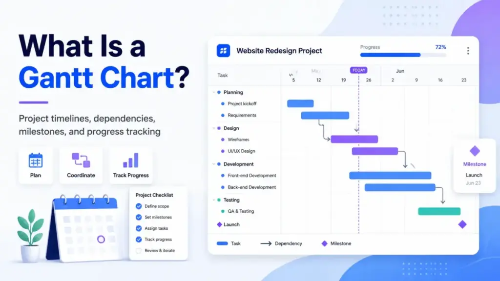Featured image for What Is a Gantt Chart showing a project timeline with task bars, dependency arrows, milestones, progress tracking, and a today line.