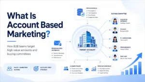 Featured image for account based marketing showing a target account, buying committee, data signals, personalized outreach, and pipeline growth