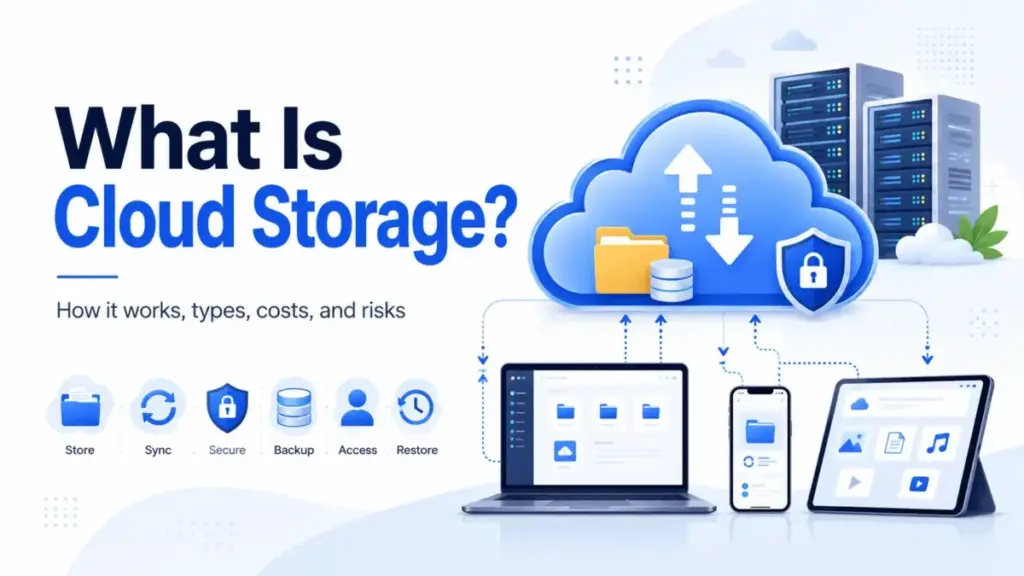 Featured image for What Is Cloud Storage showing a cloud, connected devices, servers, sync arrows, backup, access, and security icons.