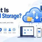 Featured image for What Is Cloud Storage showing a cloud, connected devices, servers, sync arrows, backup, access, and security icons.
