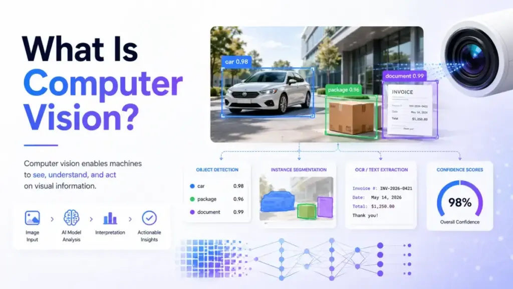 Featured image for What Is Computer Vision showing AI analyzing a car, package, and invoice with bounding boxes, OCR extraction, and confidence scores.