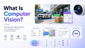 Featured image for What Is Computer Vision showing AI analyzing a car, package, and invoice with bounding boxes, OCR extraction, and confidence scores.
