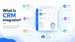 Featured image for What Is CRM Integration showing a central CRM dashboard connected to marketing automation, help desk, billing, ecommerce, analytics, ERP, and API iPaaS tools.