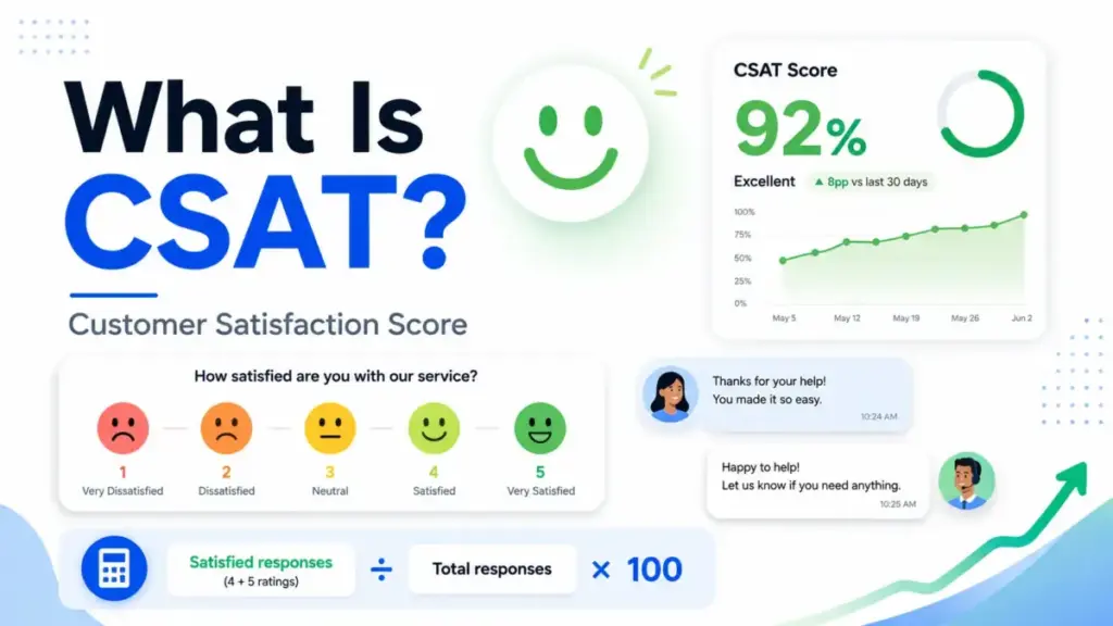 Featured image for What Is CSAT showing Customer Satisfaction Score, satisfaction rating scale, CSAT score dashboard, support chat, and formula.