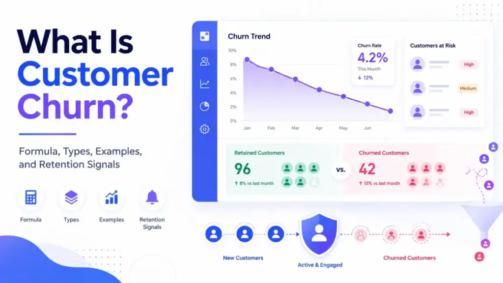 Featured image for What Is Customer Churn showing a SaaS churn dashboard, churn trend chart, retained customers, churned customers, and retention signals.