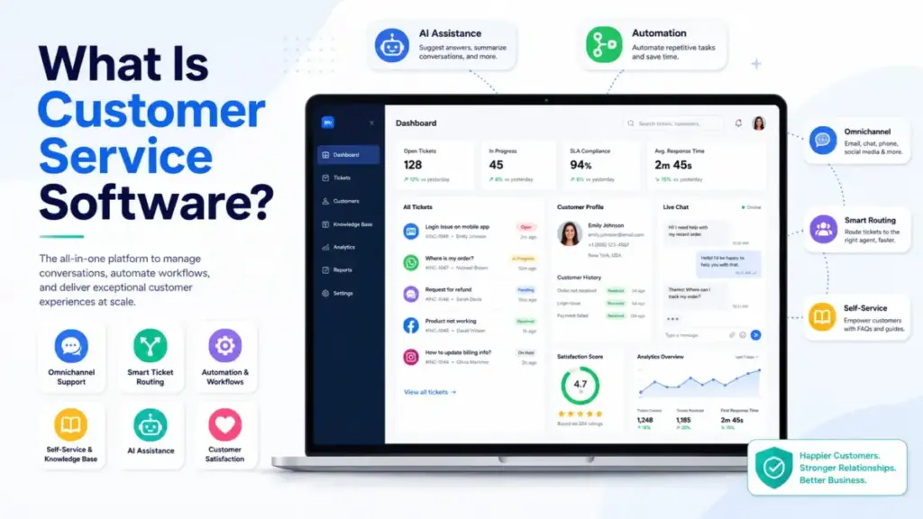 Featured image for customer service software showing a support dashboard with tickets, live chat, automation, AI assistance, omnichannel support, and self-service features.