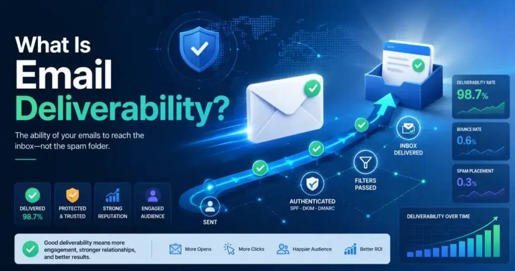 What is email deliverability illustration showing emails reaching the inbox with authentication, filters, and delivery rate metrics