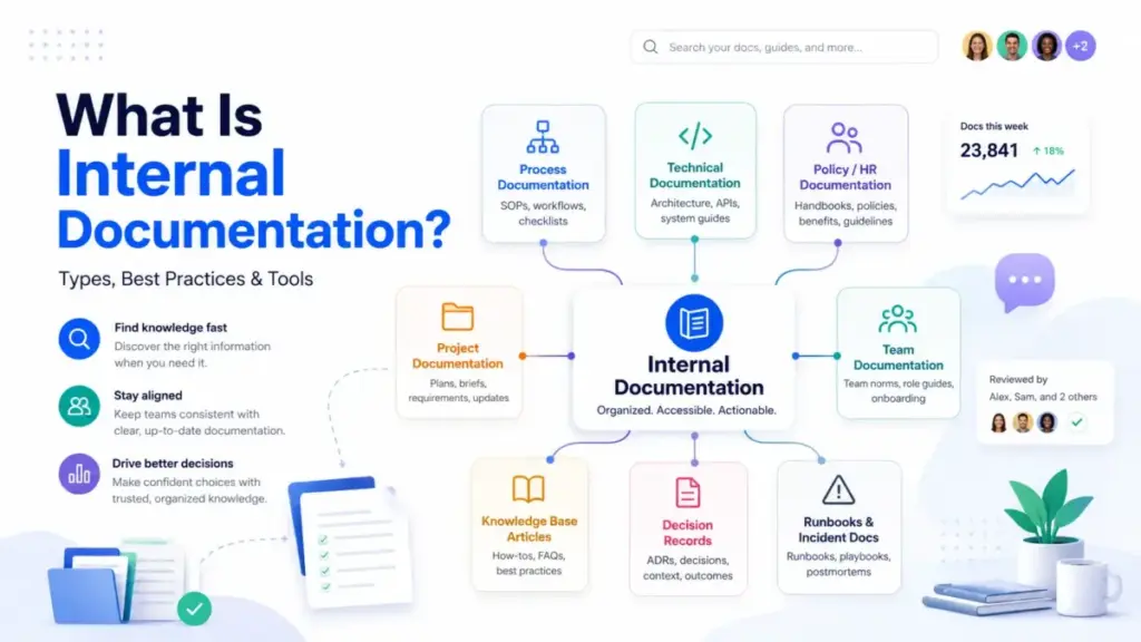 Featured image for What Is Internal Documentation showing organized company knowledge categories, search, review, and documentation workflows