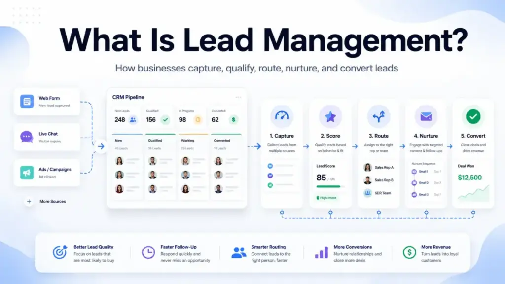 Featured image for What Is Lead Management showing how businesses capture, score, route, nurture, and convert leads.