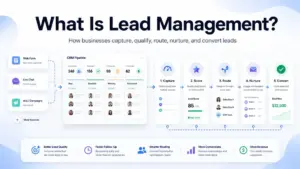 Featured image for What Is Lead Management showing how businesses capture, score, route, nurture, and convert leads.