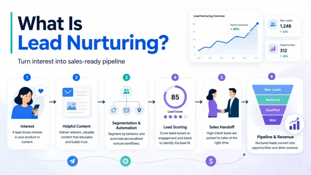 Featured image for What Is Lead Nurturing showing a lead nurturing flow from interest to helpful content, automation, lead scoring, sales handoff, and pipeline revenue.