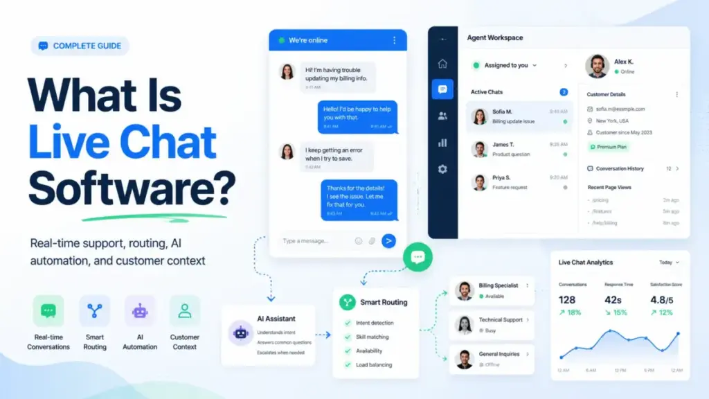 Featured image for What Is Live Chat Software showing a chat widget, agent workspace, AI assistant, smart routing, and live chat analytics.