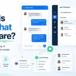 Featured image for What Is Live Chat Software showing a chat widget, agent workspace, AI assistant, smart routing, and live chat analytics.