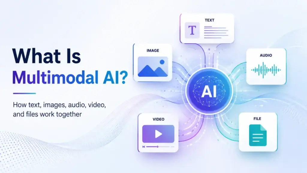 What is multimodal AI featured image showing text, image, audio, video, and file inputs connected to a central AI system