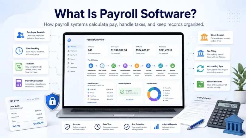 Featured image for What Is Payroll Software showing a payroll dashboard with employee records, time tracking, tax rules, payroll calculation, direct deposit, tax filing, accounting sync, and secure records.
