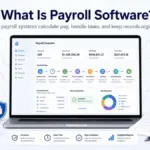 Featured image for What Is Payroll Software showing a payroll dashboard with employee records, time tracking, tax rules, payroll calculation, direct deposit, tax filing, accounting sync, and secure records.