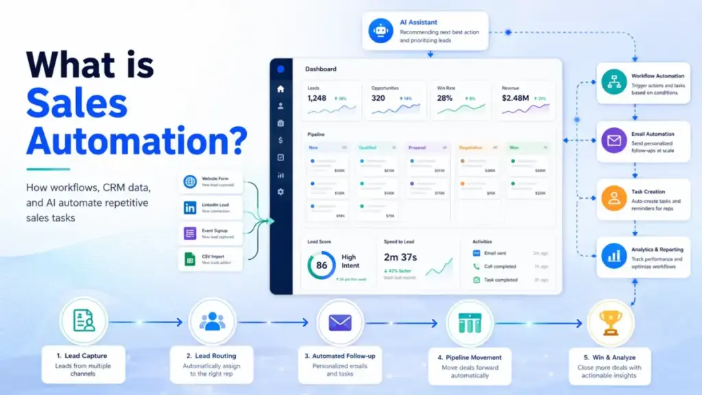 Featured image for What is Sales Automation showing CRM data, workflows, AI assistant, lead routing, follow-up automation, and sales pipeline movement.