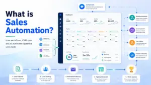 Featured image for What is Sales Automation showing CRM data, workflows, AI assistant, lead routing, follow-up automation, and sales pipeline movement.