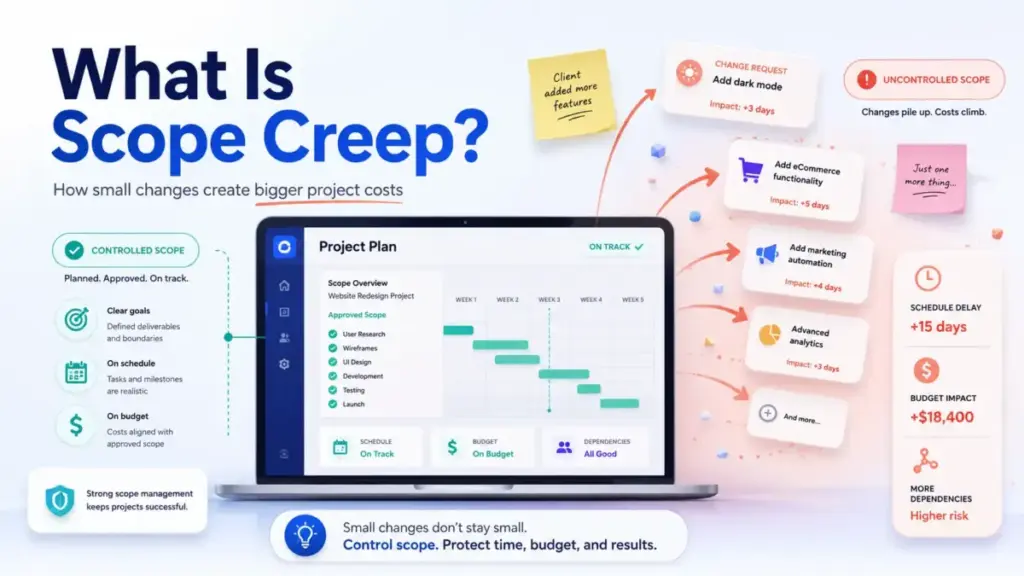 Featured image explaining scope creep with a project plan dashboard, expanding change requests, schedule delay, budget impact, and dependency risk.