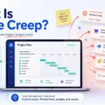 Featured image explaining scope creep with a project plan dashboard, expanding change requests, schedule delay, budget impact, and dependency risk.