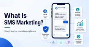 Featured image for What Is SMS Marketing showing a branded text message conversation with opt-in, compliance, sender ID, automation, and analytics elements.
