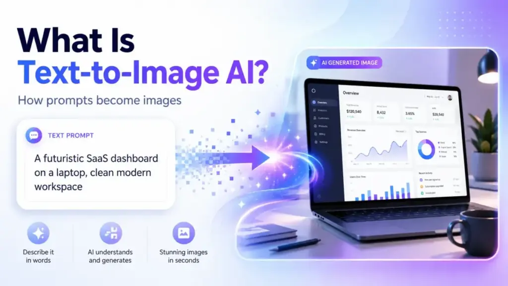 Featured image showing a text prompt transforming into an AI-generated SaaS dashboard image on a laptop.