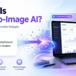 Featured image showing a text prompt transforming into an AI-generated SaaS dashboard image on a laptop.