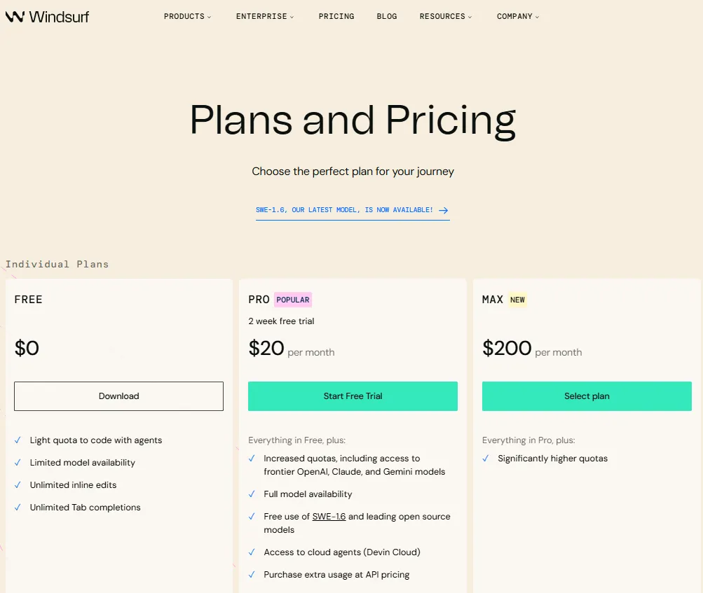 Windsurf pricing page showing Free, Pro, and Max individual plans